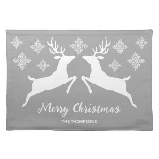 White Deer Shapes On Gray With Snowflakes &amp; Text Cloth Placemat