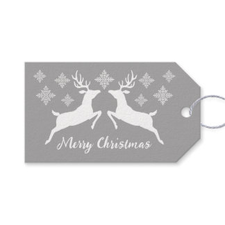 White Deer Shapes On Gray With Snowflakes &amp; Text Gift Tags