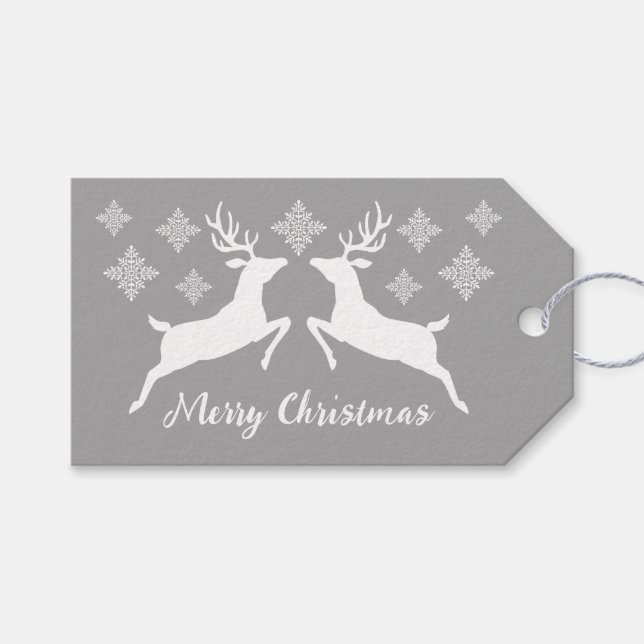 White Deer Shapes On Gray With Snowflakes & Text Gift Tags (Front (Horizontal))