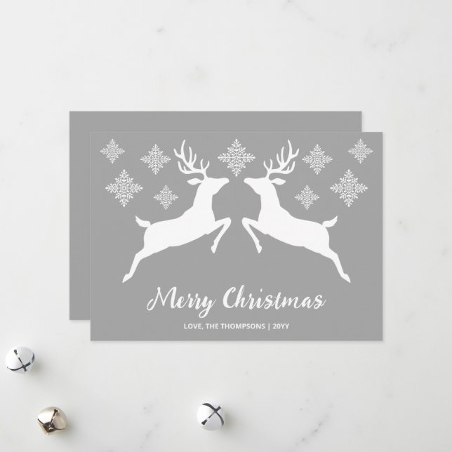 White Deer Shapes On Gray With Snowflakes & Text Holiday Card (Front/Back In Situ)
