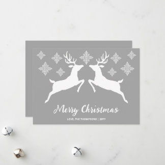 White Deer Shapes On Gray With Snowflakes &amp; Text Holiday Card