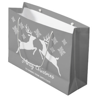 White Deer Shapes On Gray With Snowflakes &amp; Text Large Gift Bag
