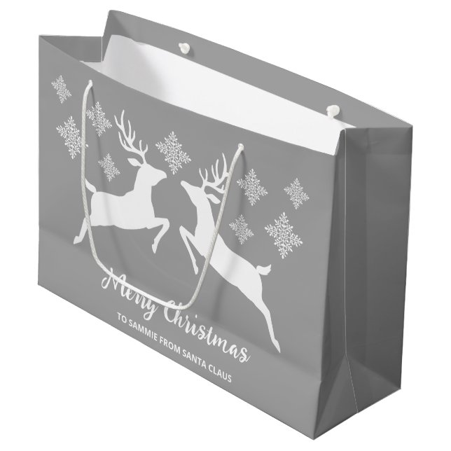 White Deer Shapes On Gray With Snowflakes & Text Large Gift Bag (Front Angled)