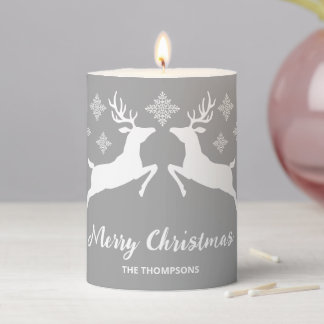 White Deer Shapes On Gray With Snowflakes &amp; Text Pillar Candle