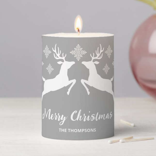 White Deer Shapes On Gray With Snowflakes & Text Pillar Candle (In Situ)