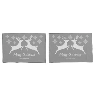 White Deer Shapes On Gray With Snowflakes & Text Pillow Case