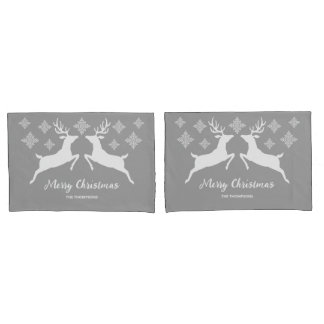 White Deer Shapes On Gray With Snowflakes &amp; Text Pillow Case