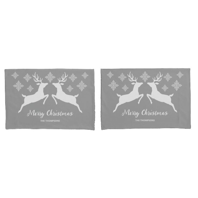 White Deer Shapes On Gray With Snowflakes & Text Pillow Case (Front-Set)