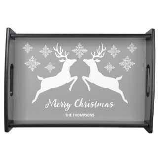 White Deer Shapes On Gray With Snowflakes &amp; Text Serving Tray