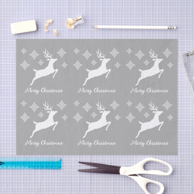 White Deer Shapes On Gray With Snowflakes & Text Tissue Paper (Craft)