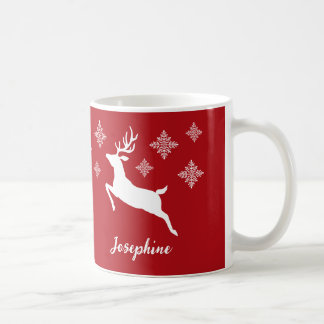White Deer Shapes On Red With Snowflakes &amp; Name Coffee Mug
