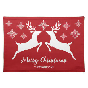 White Deer Shapes On Red With Snowflakes & Text Cloth Placemat