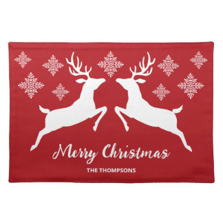 White Deer Shapes On Red With Snowflakes &amp; Text Cloth Placemat