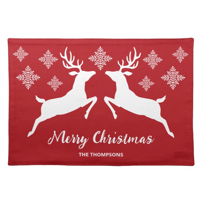 White Deer Shapes On Red With Snowflakes & Text Cloth Placemat (Front)