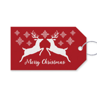 White Deer Shapes On Red With Snowflakes &amp; Text Gift Tags
