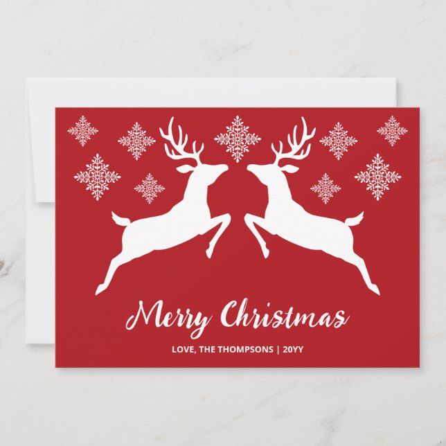 White Deer Shapes On Red With Snowflakes & Text Holiday Card (Front)