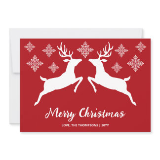 White Deer Shapes On Red With Snowflakes & Text Holiday Card