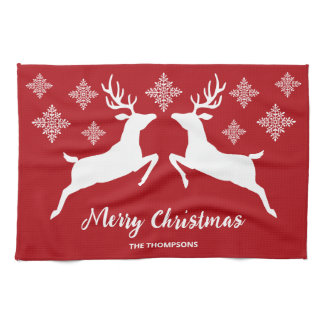 White Deer Shapes On Red With Snowflakes &amp; Text Kitchen Towel