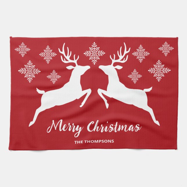 White Deer Shapes On Red With Snowflakes & Text Kitchen Towel (Horizontal)