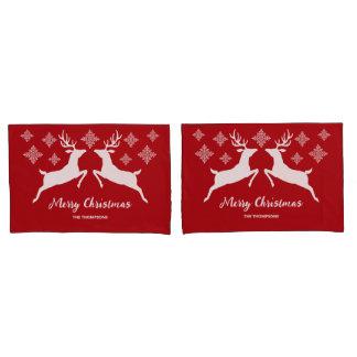 White Deer Shapes On Red With Snowflakes &amp; Text Pillow Case