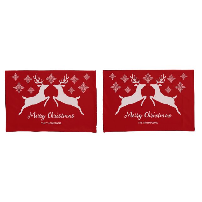 White Deer Shapes On Red With Snowflakes & Text Pillow Case (Front-Set)