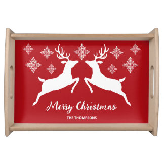 White Deer Shapes On Red With Snowflakes &amp; Text Serving Tray
