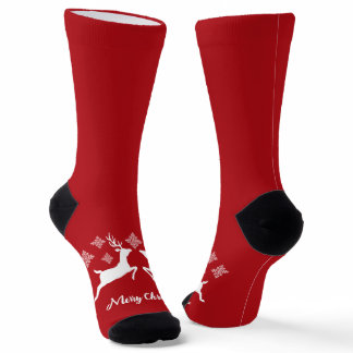White Deer Shapes On Red With Snowflakes &amp; Text Socks