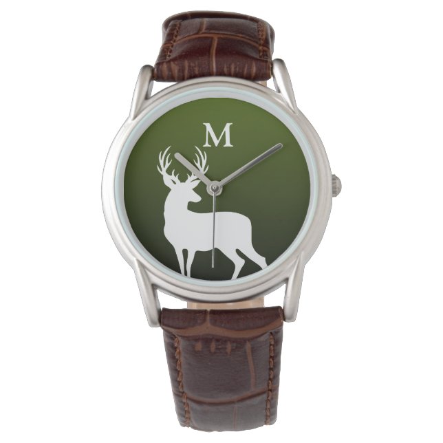 White Deer Silhouette Monogram Green Men's Watch (Front)
