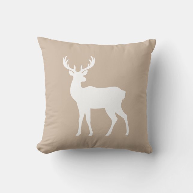 White Deer Silhouette On Beige Elegant Christmas Throw Pillow (Front)