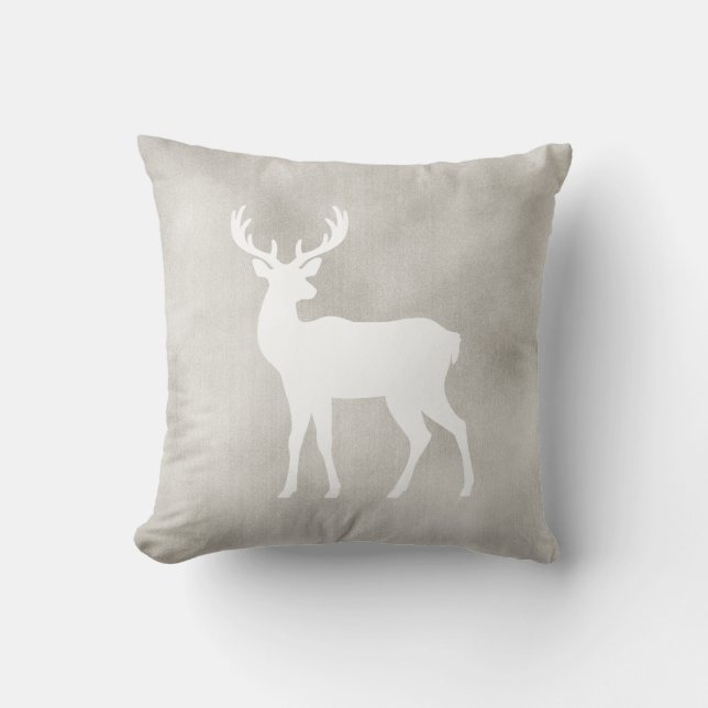 White Deer Silhouette On Faux Velvet Texture Throw Pillow (Front)