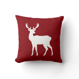 White Deer Silhouette On Red Stylish Christmas Throw Pillow