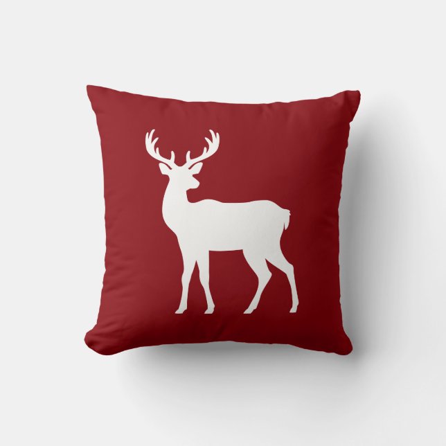 White Deer Silhouette On Red Stylish Christmas Throw Pillow (Front)