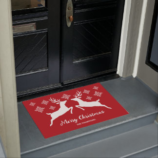 White Deer Silhouettes On Red With Snowflakes Doormat