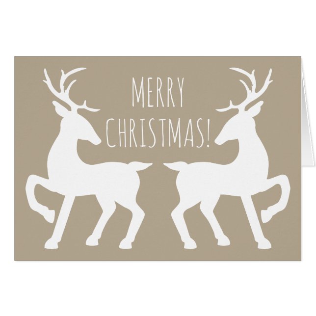 White Deers On Beige Personalizable Christmas Cards (Front Horizontal)