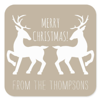 White Deers On Beige &amp; Personalized Name Christmas Square Sticker
