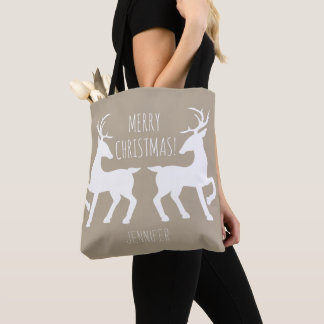 White Deers On Beige &amp; Personalized Name Christmas Tote Bag