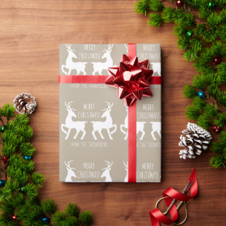 White Deers On Beige &amp; Personalized Text Christmas Wrapping Paper