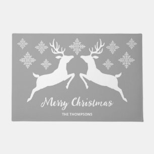 White Deers On Gray With Merry Christmas Text Doormat