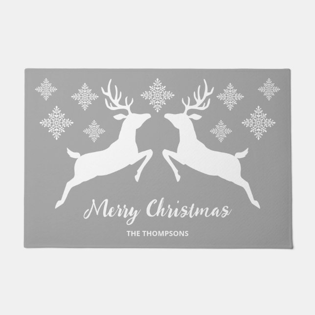 White Deers On Gray With Merry Christmas Text Doormat (Front)