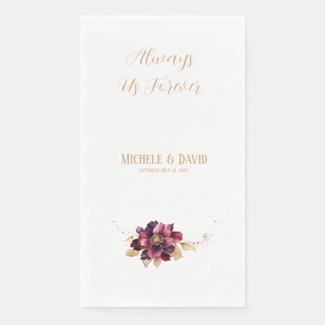  White Delicate Elegant Golden Burgundy Watercolor Paper Guest Towels (Front)