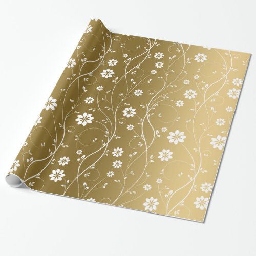 White Delicate Flowers On Gold Background Wrapping Paper