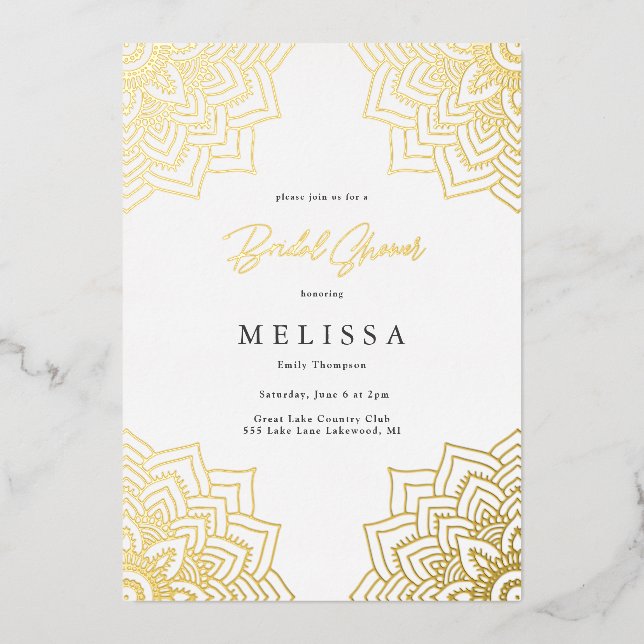White Delicate Gold Mandala Bridal Shower Foil Invitation (Front)