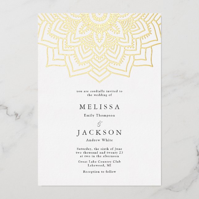 White Delicate gold mandala Wedding Foil Invitation (Front)