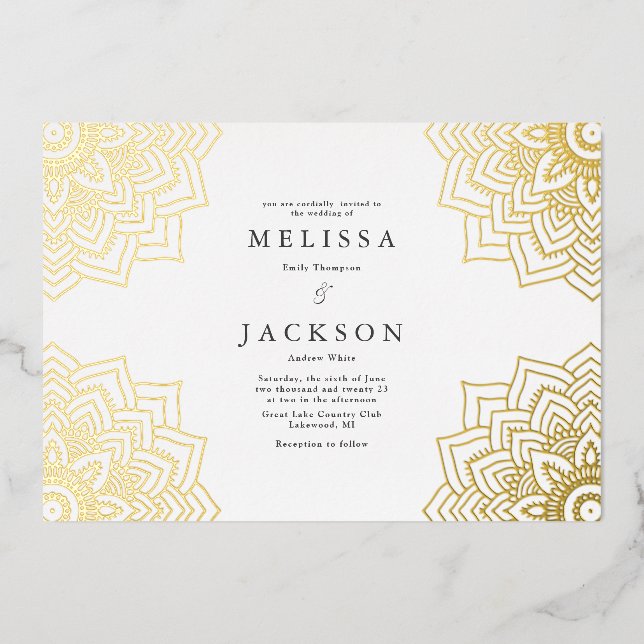 White Delicate gold mandala Wedding Foil Invitation (Front)