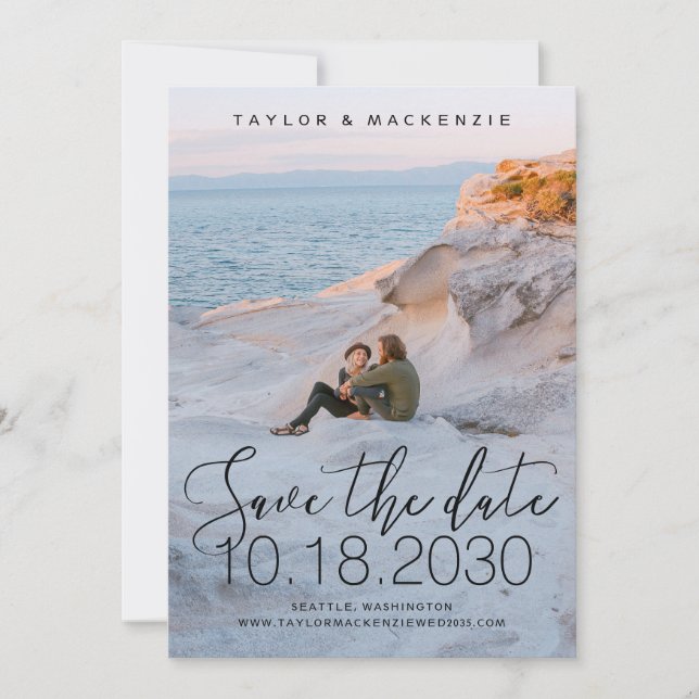 White Delicate Thin Script Photo Save The Date (Front)