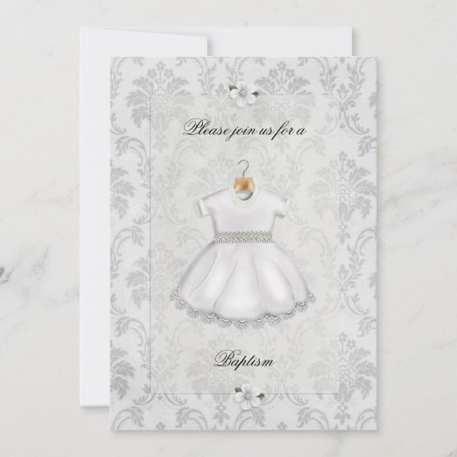 White Demask Girl Baptism Invitation (Front)