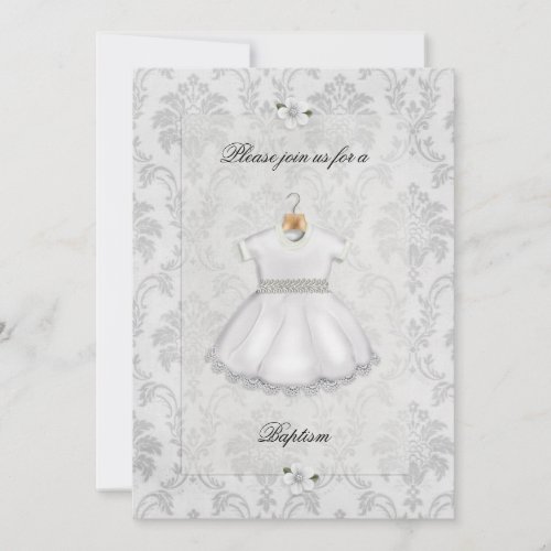 White Demask Girl Baptism Invitation