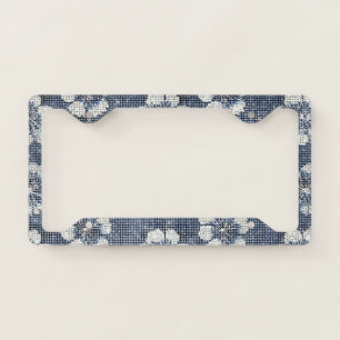 White Denim Blue Navy Flowers Sparkle License Plate Frame
