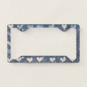 White Denim Blue Navy Hearts Sparkle License Plate Frame