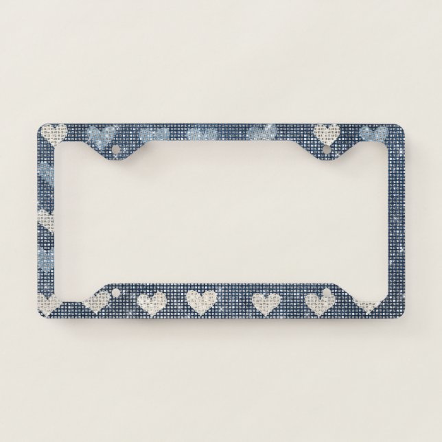 White Denim Blue Navy Hearts Sparkle License Plate Frame (Front)